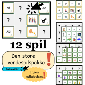 Digital pakke med 12 interaktive vendespil med lydrette ord 2-6 bogstaver